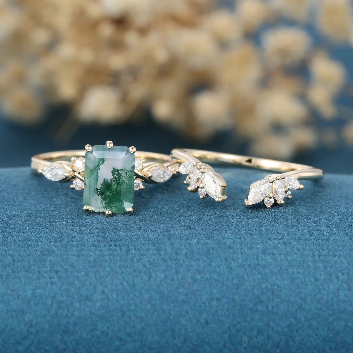 Emerald cut Moss Agate Matching Moissanite | Diamonds Gold Bridal Set - Image 3