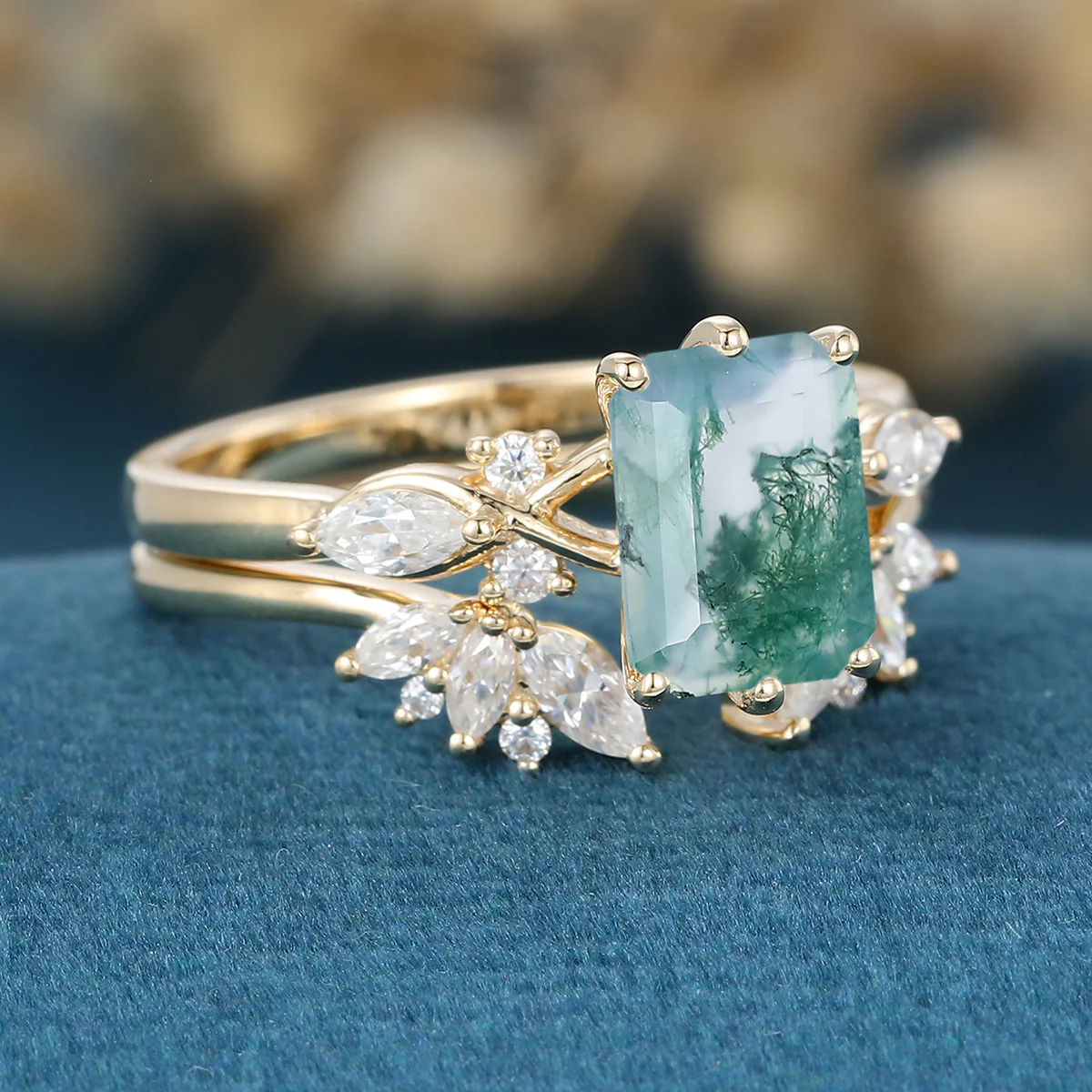Emerald cut Moss Agate Matching Moissanite | Diamonds Gold Bridal Set - Image 4
