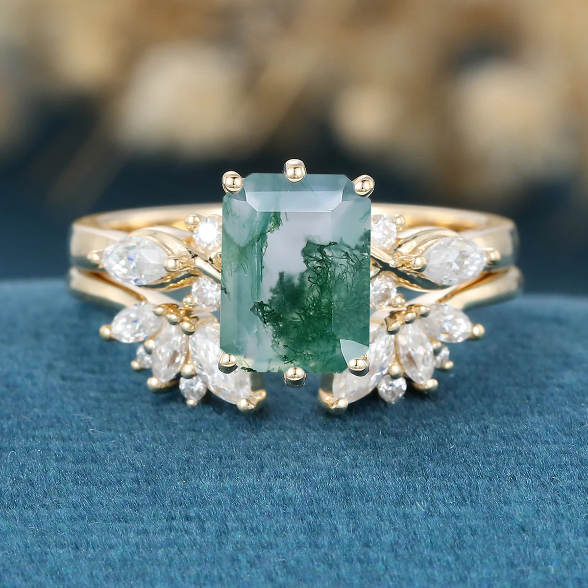 Emerald cut Moss Agate Matching Moissanite | Diamonds Gold Bridal Set - Image 5
