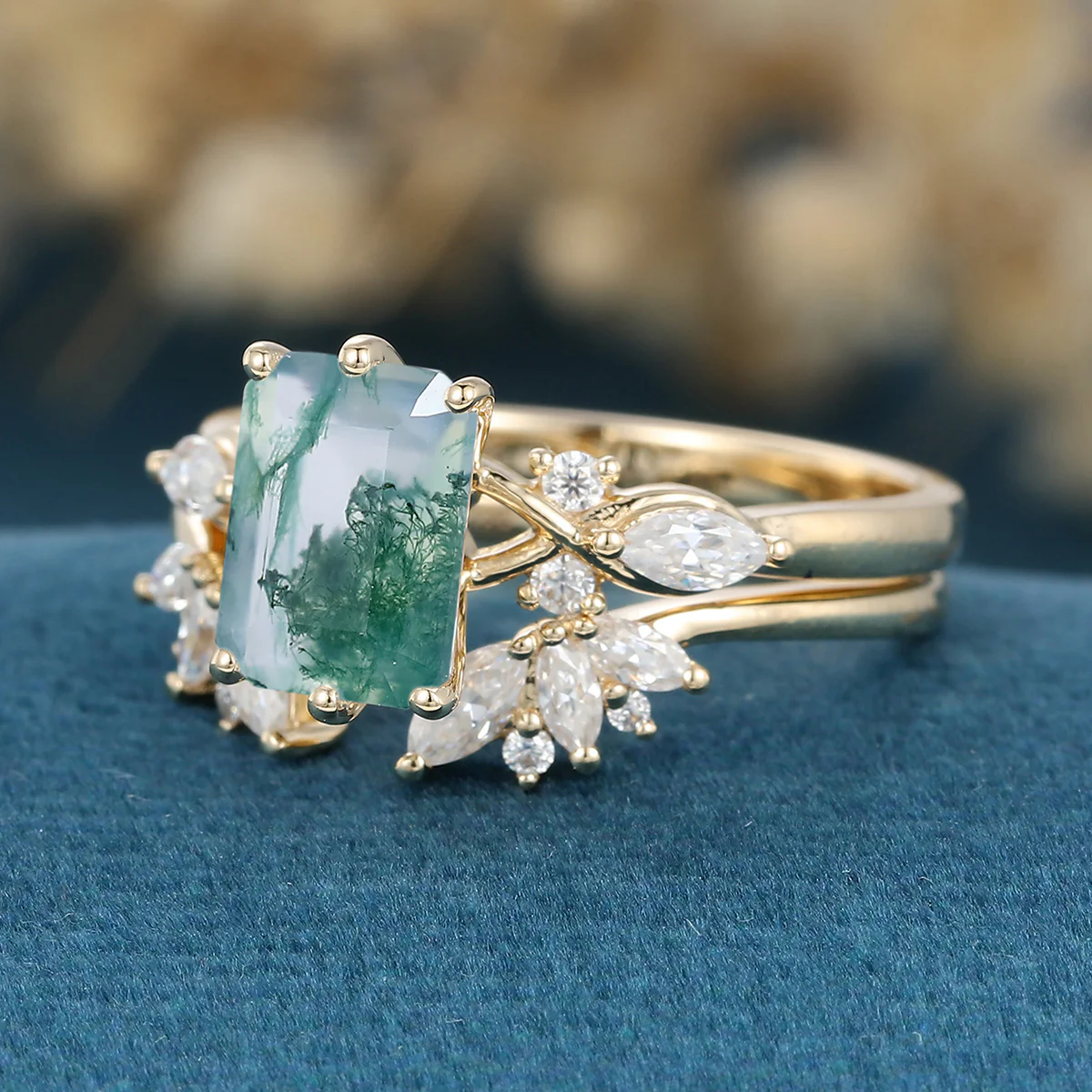 Emerald cut Moss Agate Matching Moissanite | Diamonds Gold Bridal Set - Image 6