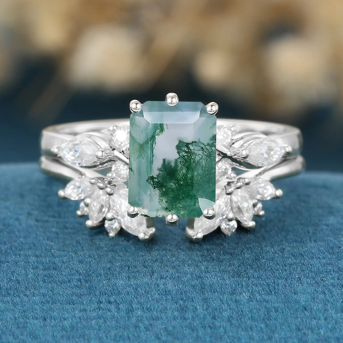 Emerald cut Moss Agate Matching Moissanite | Diamonds Gold Bridal Set - Image 7