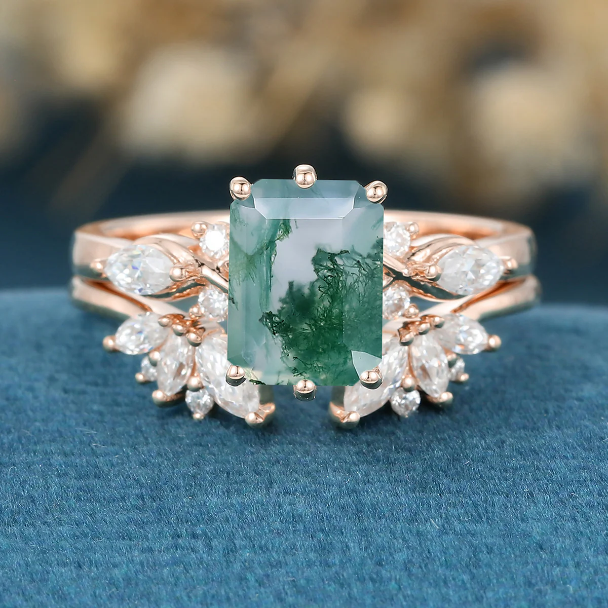 Emerald cut Moss Agate Matching Moissanite | Diamonds Gold Bridal Set - Image 8