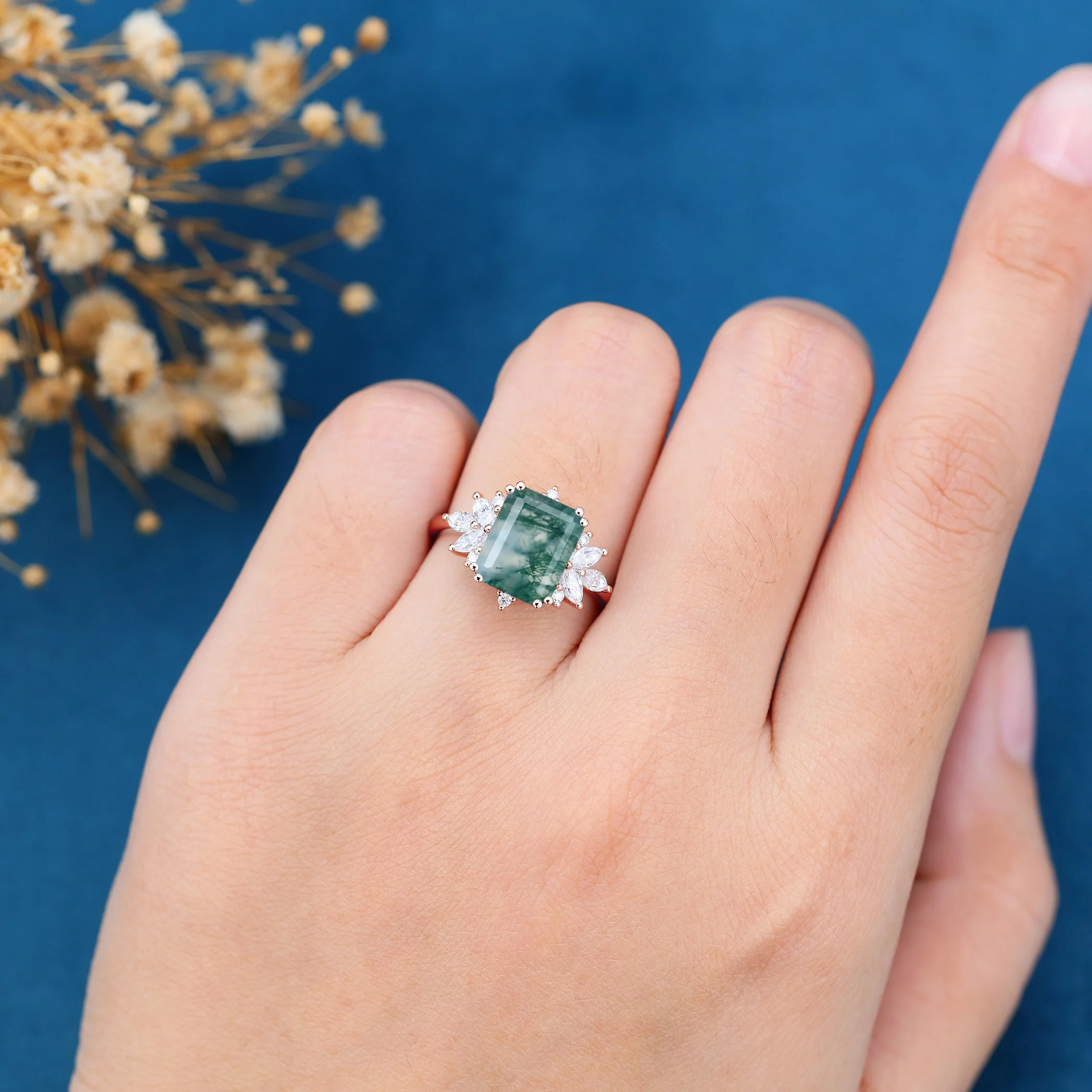 Emerald Cut Natural Green Moss Agate Cluster Engagement Ring - Image 2
