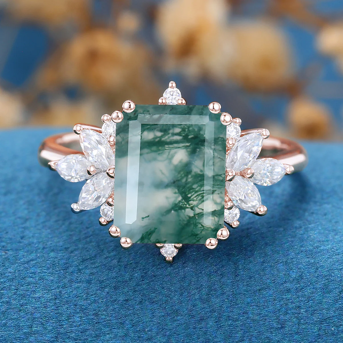 Emerald Cut Natural Green Moss Agate Cluster Engagement Ring - Image 3