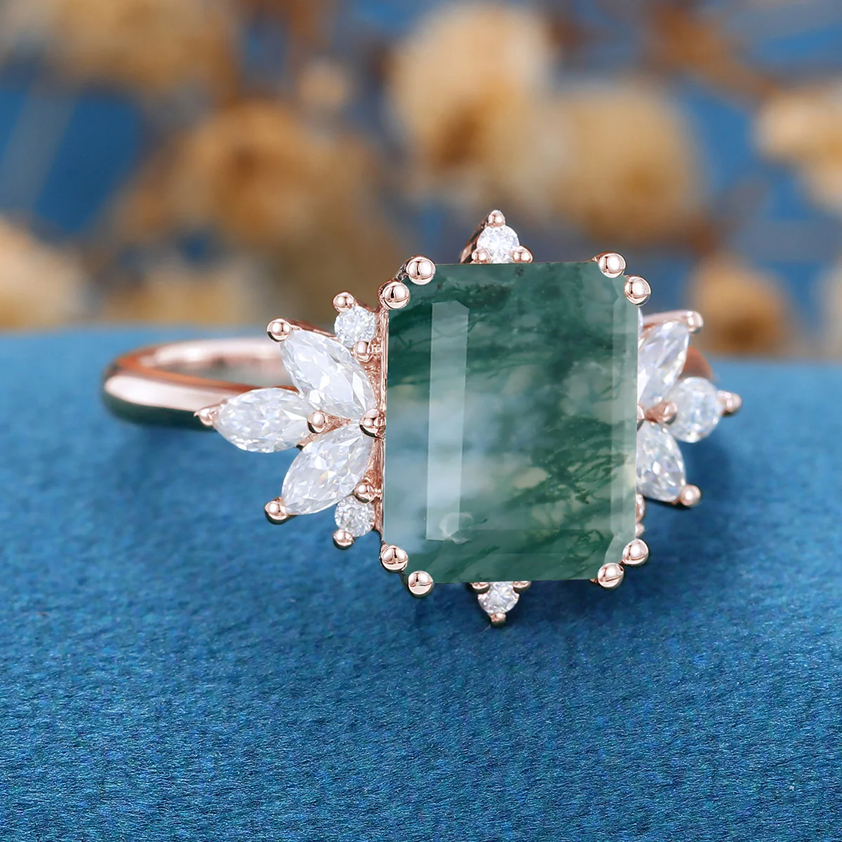 Emerald Cut Natural Green Moss Agate Cluster Engagement Ring - Image 4