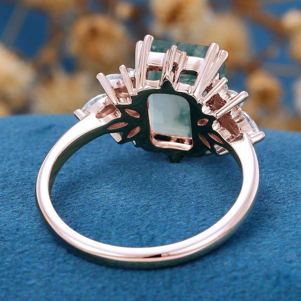 Emerald Cut Natural Green Moss Agate Cluster Engagement Ring - Image 6