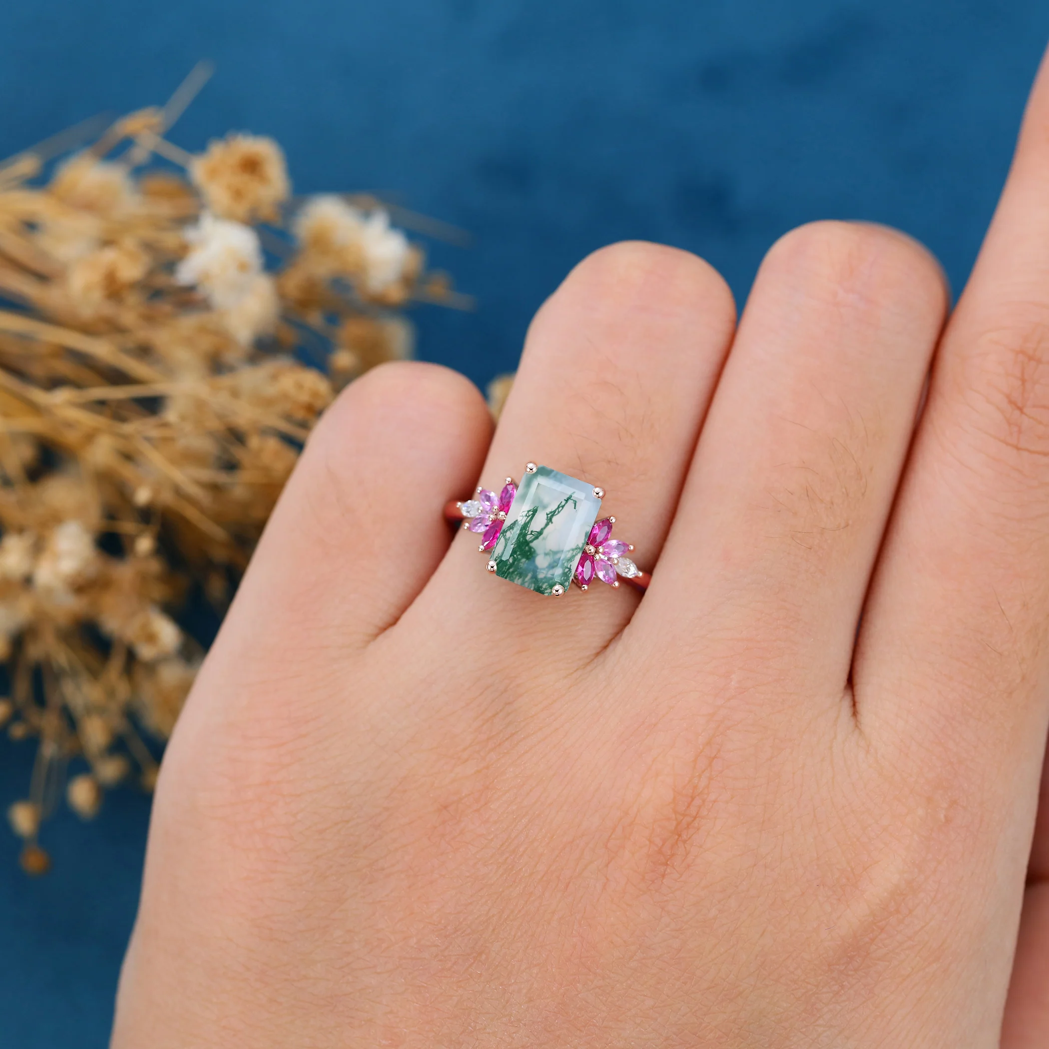 Emerald Cut Natural Green Moss Agate Cluster Engagement Ring - Image 2