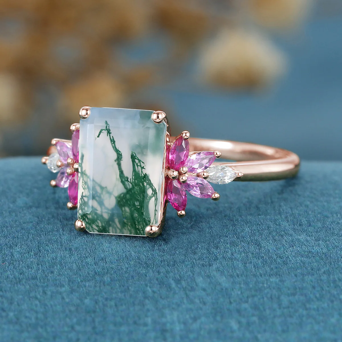 Emerald Cut Natural Green Moss Agate Cluster Engagement Ring - Image 4