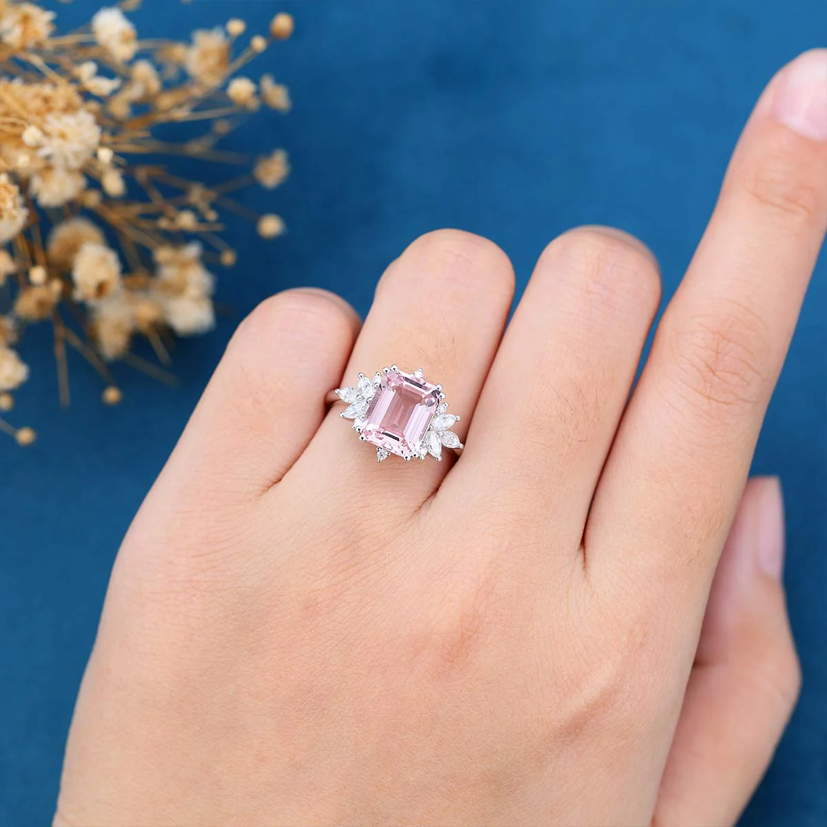 Emerald Cut Morganite Cluster Engagement Ring - Image 2