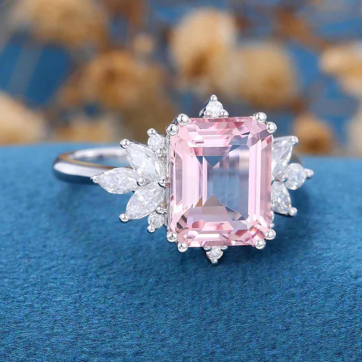 Emerald Cut Morganite Cluster Engagement Ring - Image 3