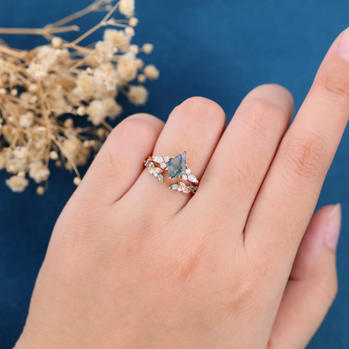 Kite Cut Natural Green Moss Agate Cluster Engagement Ring Set - Image 2