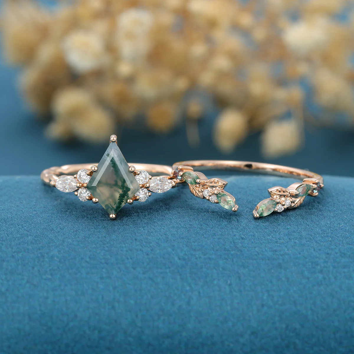Kite Cut Natural Green Moss Agate Cluster Engagement Ring Set - Image 3
