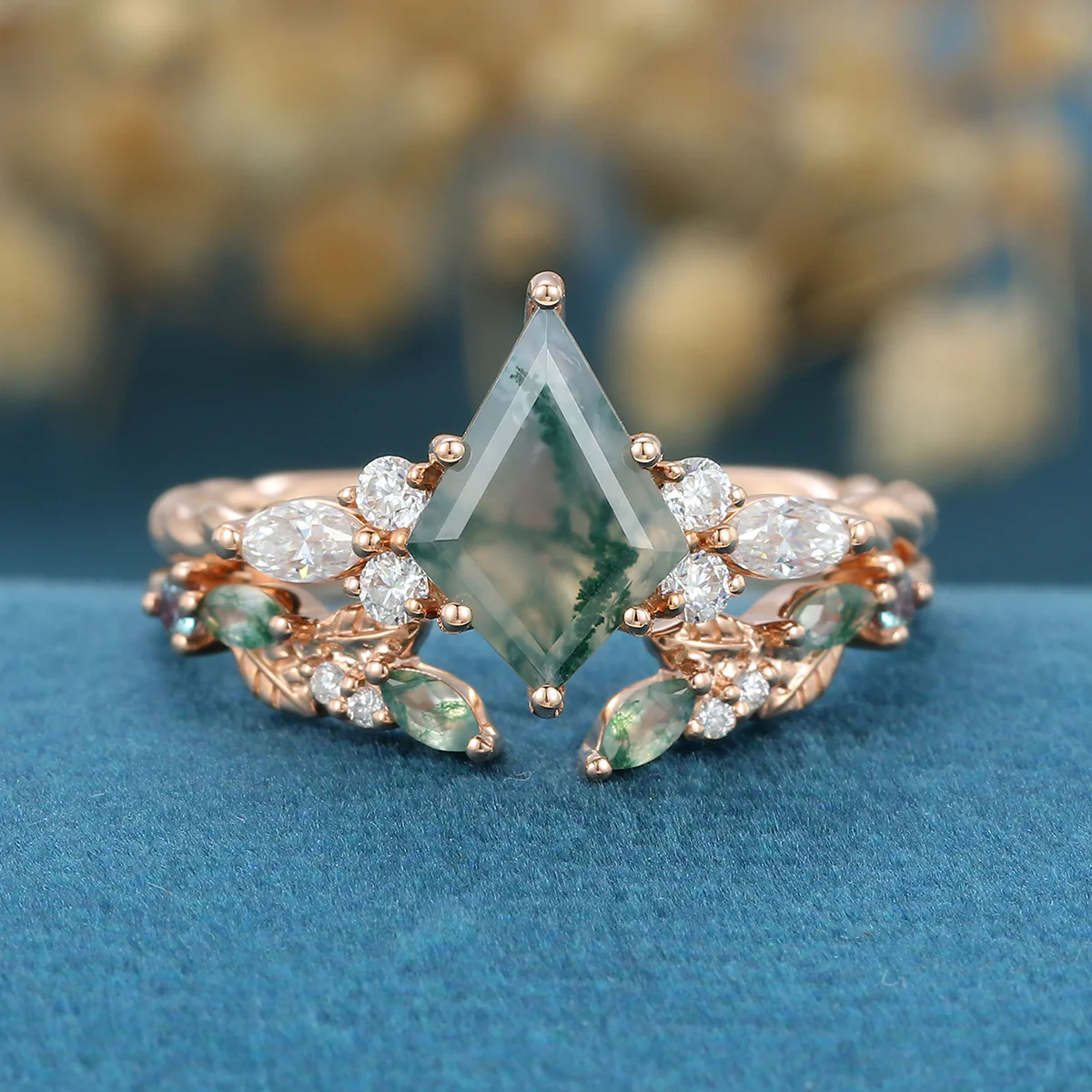 Kite Cut Natural Green Moss Agate Cluster Engagement Ring Set - Image 4