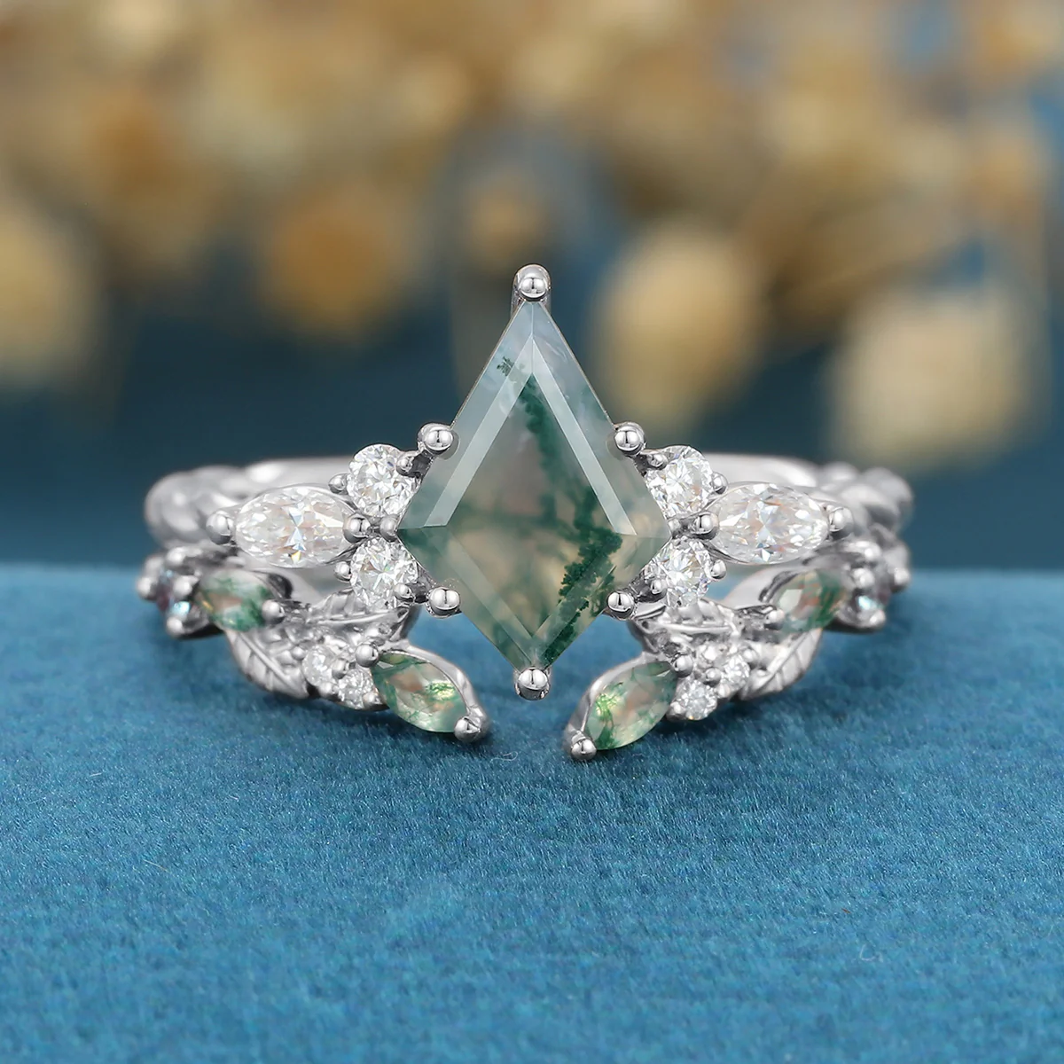 Kite Cut Natural Green Moss Agate Cluster Engagement Ring Set - Image 7