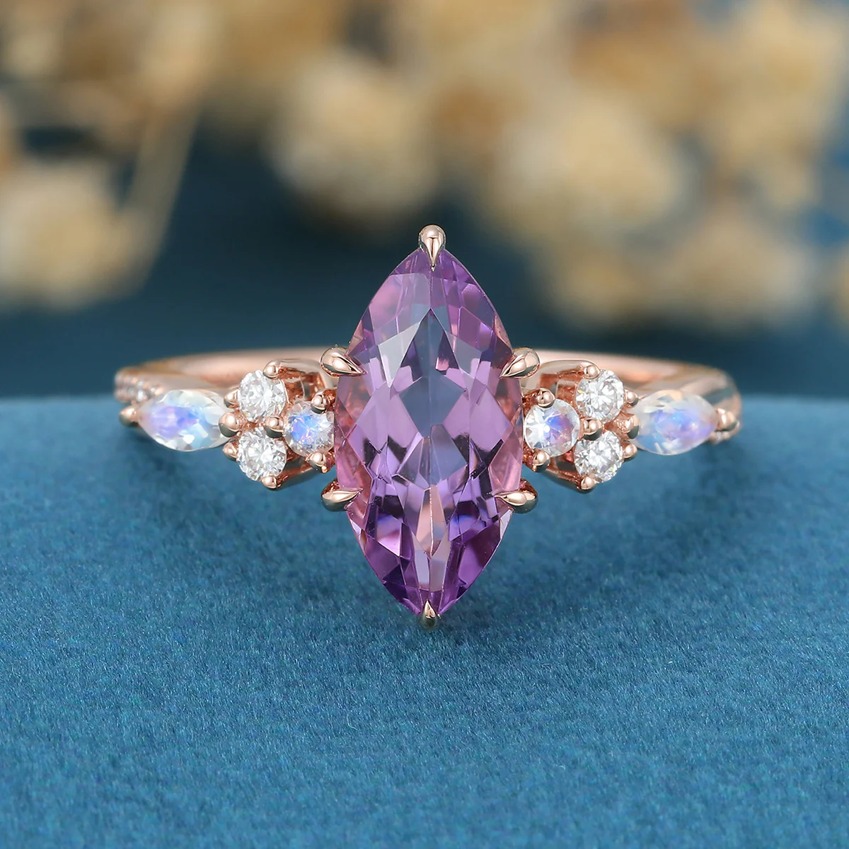 Inspired  Marquise cut Amethyst Matching Diamond | Moonstone Solid Gold Engagement Ring - Image 3