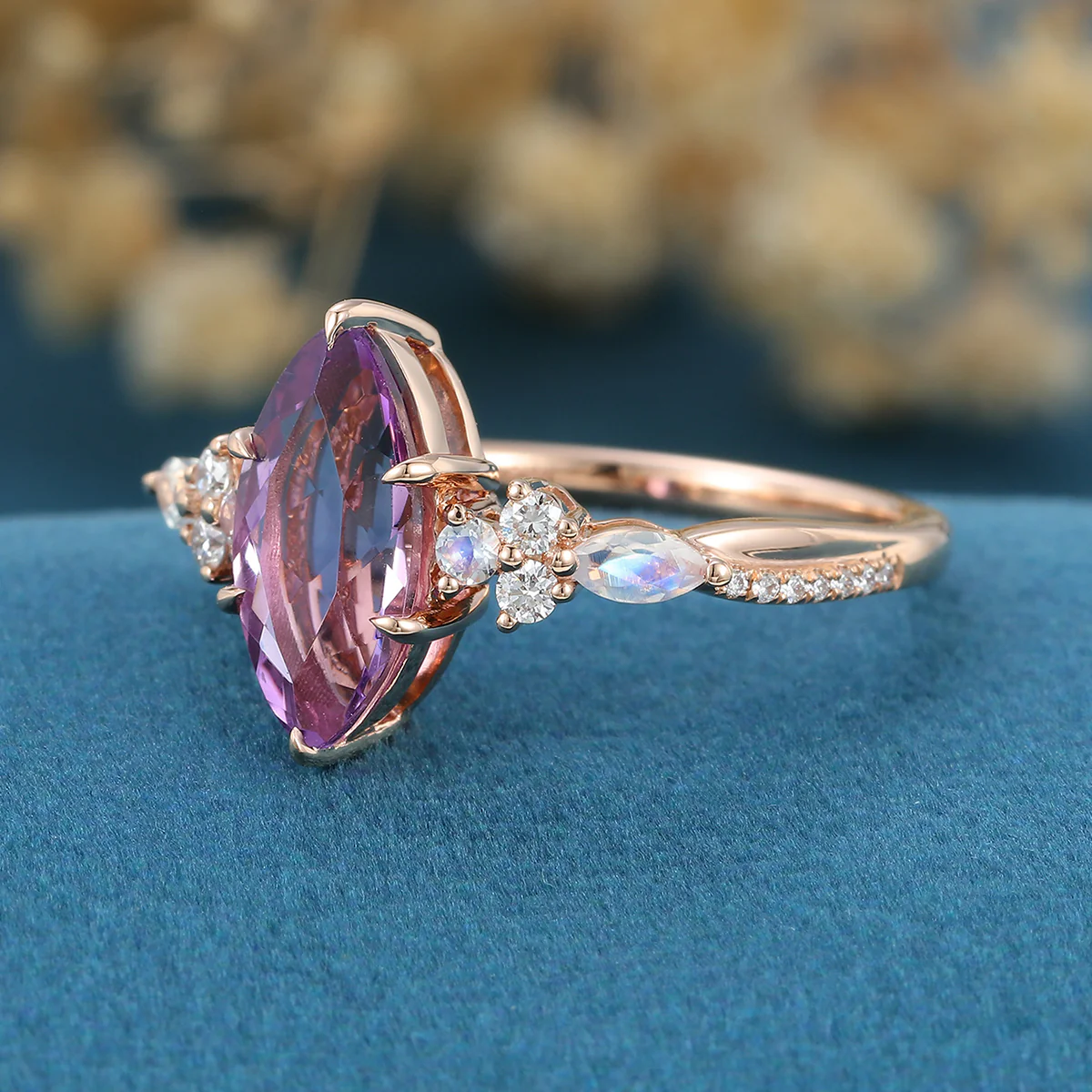 Inspired  Marquise cut Amethyst Matching Diamond | Moonstone Solid Gold Engagement Ring - Image 4