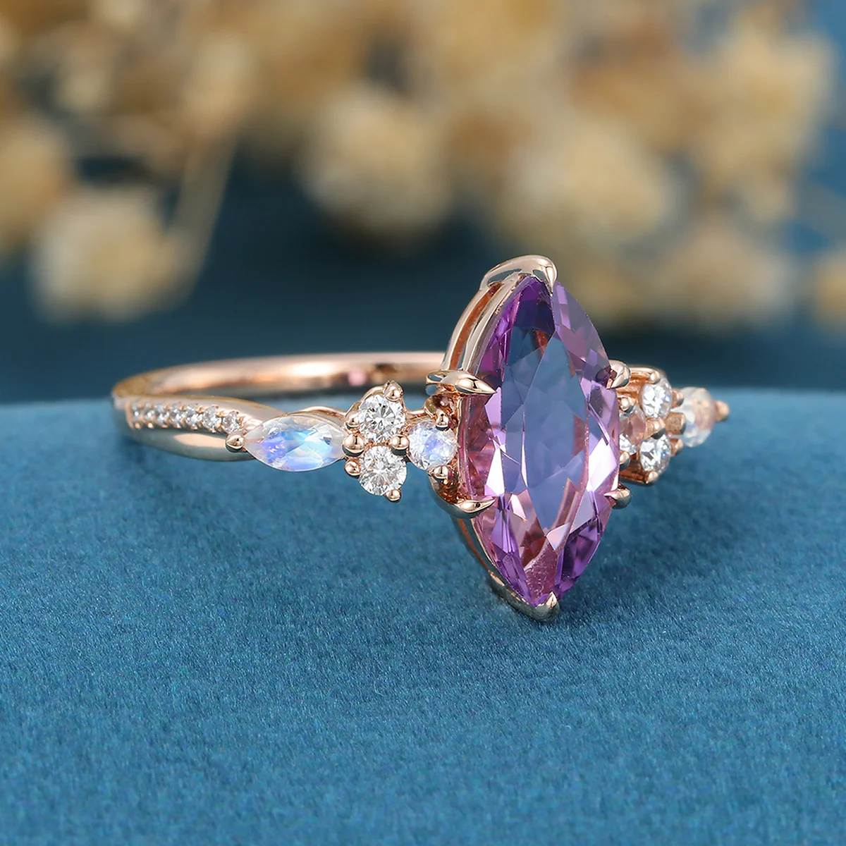 Inspired  Marquise cut Amethyst Matching Diamond | Moonstone Solid Gold Engagement Ring - Image 5