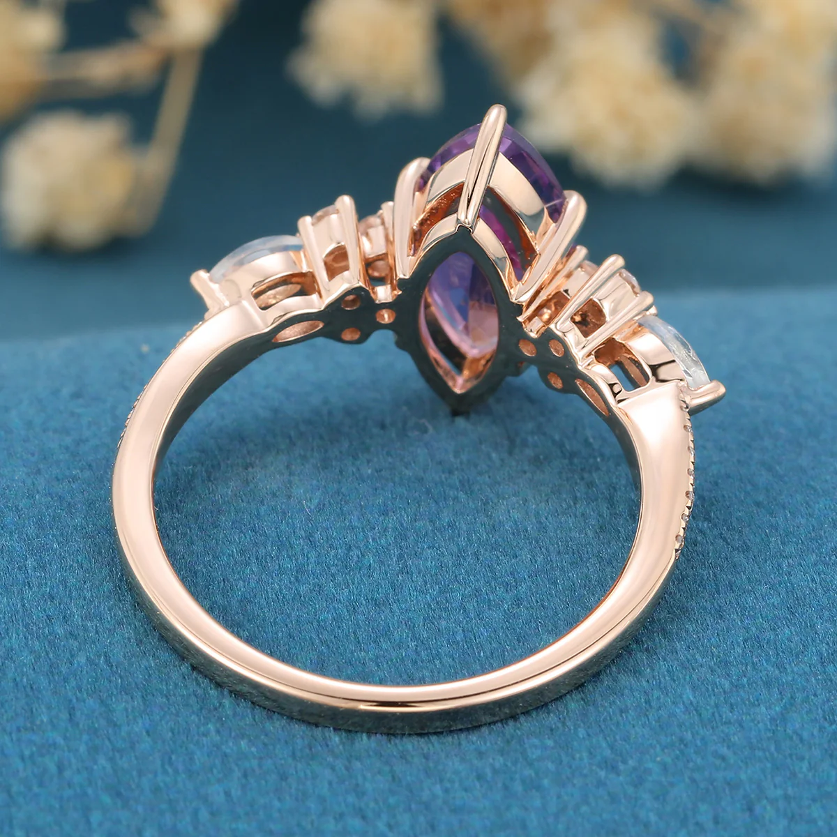 Inspired  Marquise cut Amethyst Matching Diamond | Moonstone Solid Gold Engagement Ring - Image 6