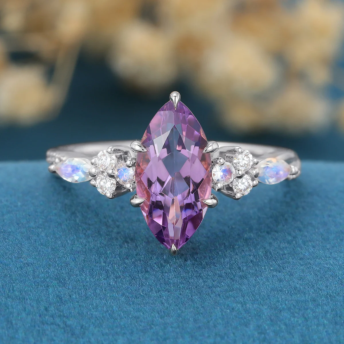 Inspired  Marquise cut Amethyst Matching Diamond | Moonstone Solid Gold Engagement Ring - Image 8