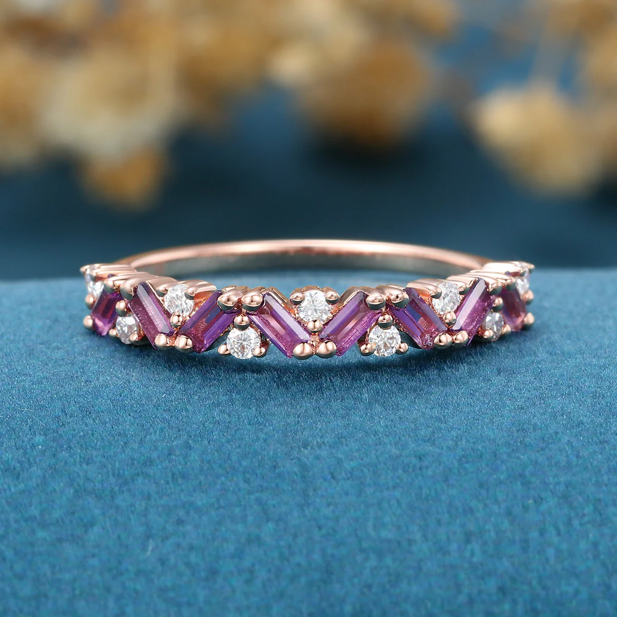 Half Eternity Baguette Amethyst Matching Moissanite|Diamond Wedding Band - Image 3