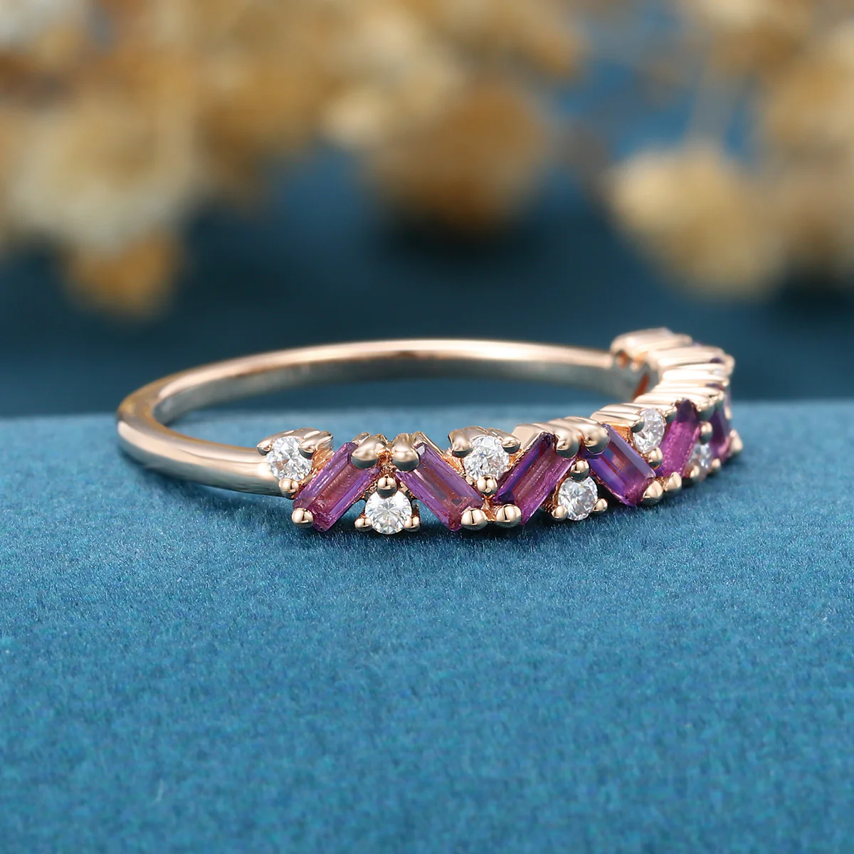 Half Eternity Baguette Amethyst Matching Moissanite|Diamond Wedding Band - Image 4