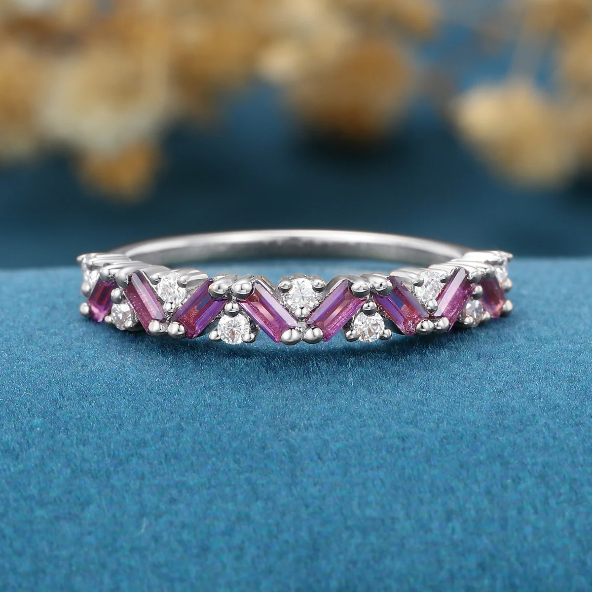 Half Eternity Baguette Amethyst Matching Moissanite|Diamond Wedding Band - Image 7