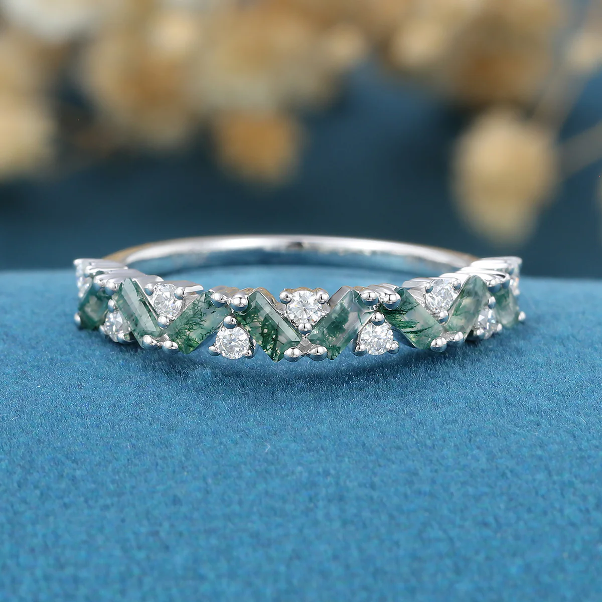 Baguette Moss Agate Matching Moissanite | Diamond Half Eternity Wedding Band - Image 3