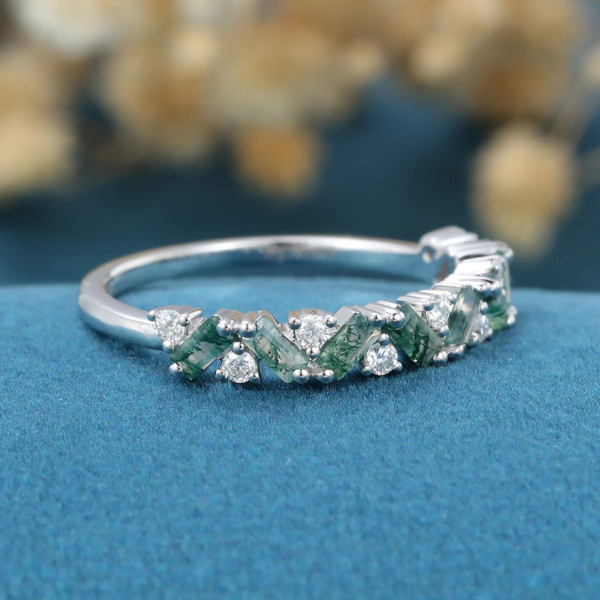 Baguette Moss Agate Matching Moissanite | Diamond Half Eternity Wedding Band - Image 4