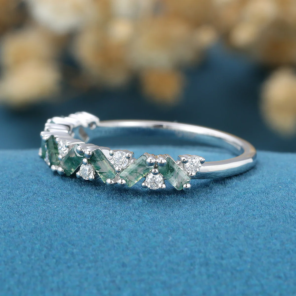 Baguette Moss Agate Matching Moissanite | Diamond Half Eternity Wedding Band - Image 5