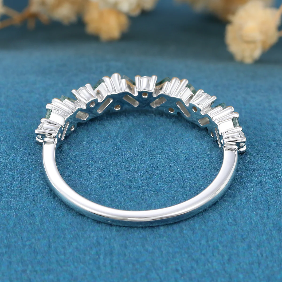 Baguette Moss Agate Matching Moissanite | Diamond Half Eternity Wedding Band - Image 6