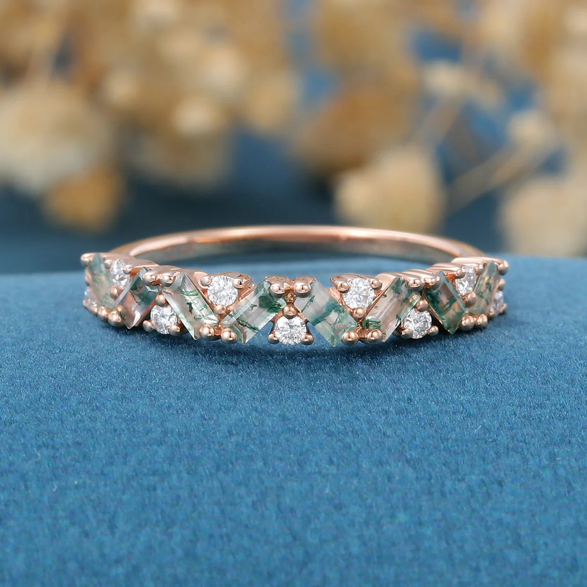 Baguette Moss Agate Matching Moissanite | Diamond Half Eternity Wedding Band - Image 7