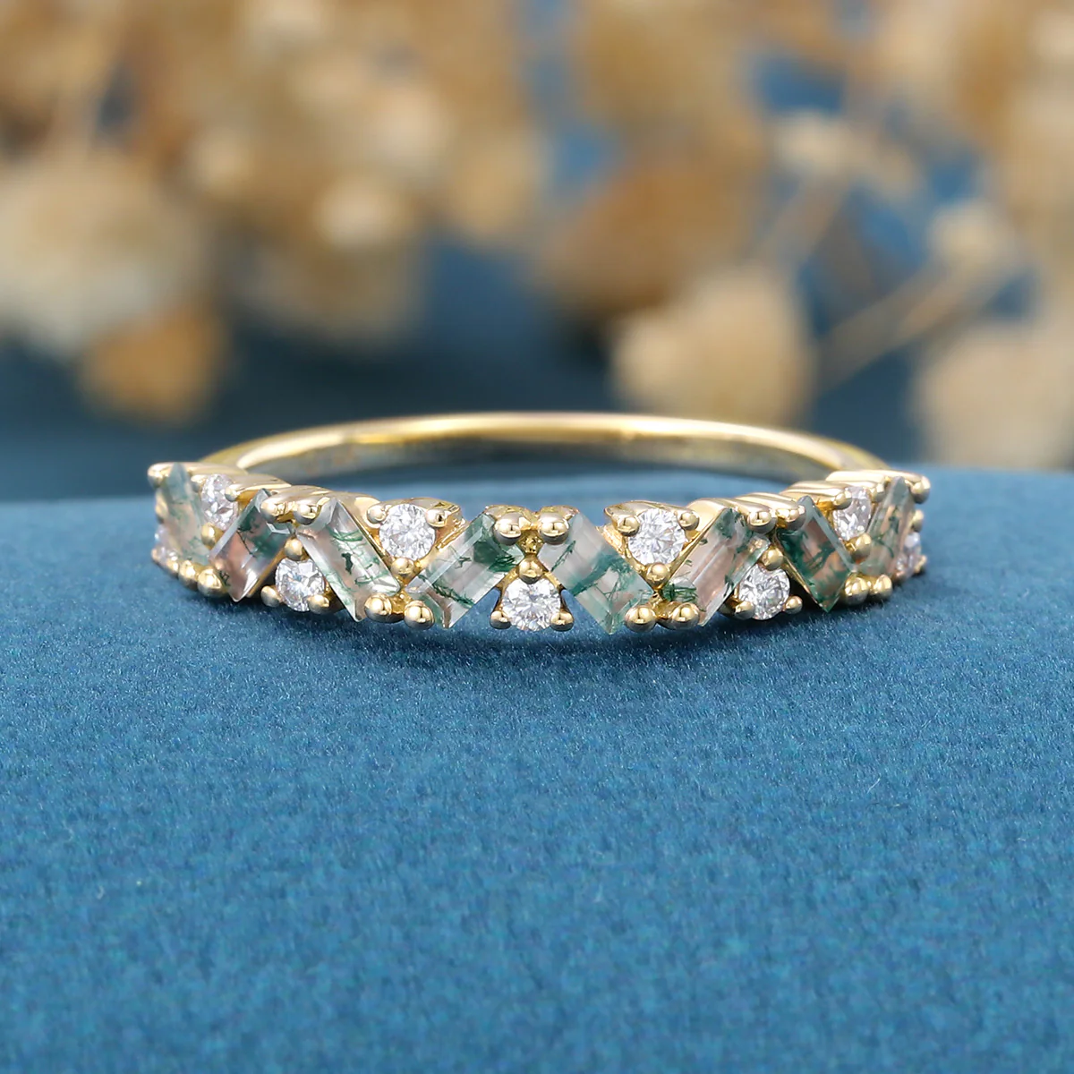 Baguette Moss Agate Matching Moissanite | Diamond Half Eternity Wedding Band - Image 8