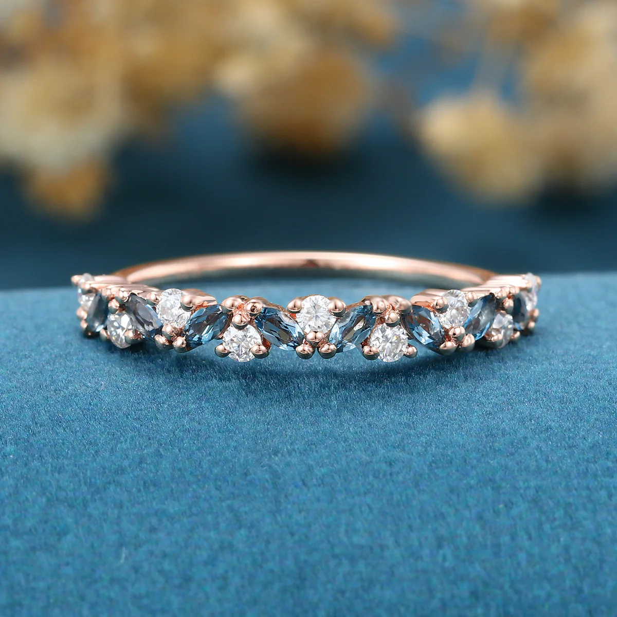 Marquise London Blue Topaz Matching Moissanite | Diamond Half Eternity Wedding Band - Image 3