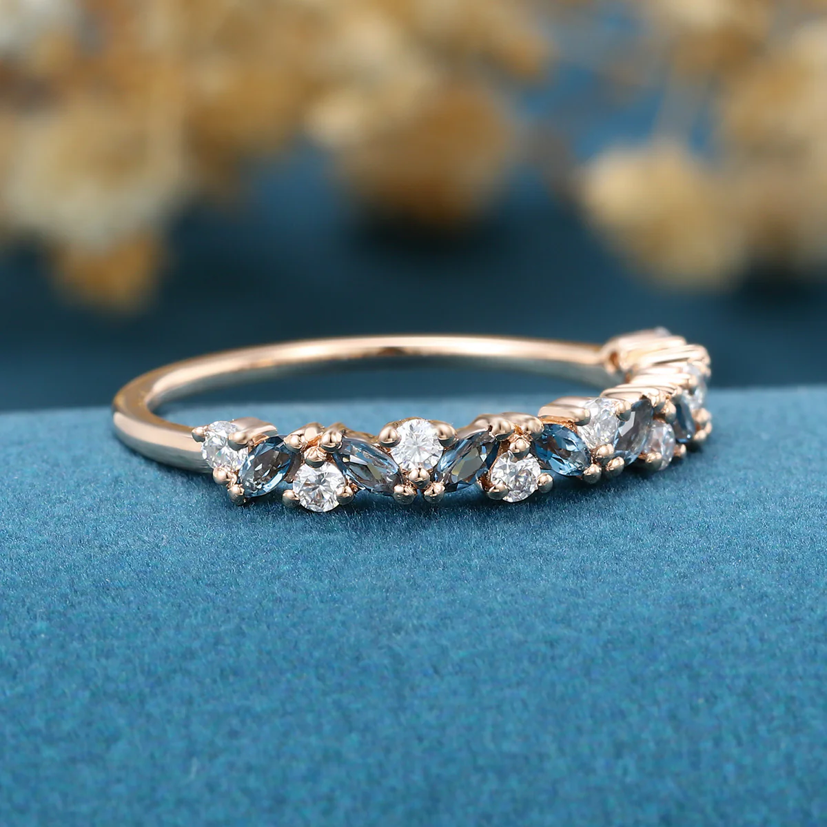 Marquise London Blue Topaz Matching Moissanite | Diamond Half Eternity Wedding Band - Image 4