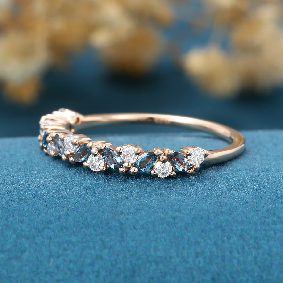 Marquise London Blue Topaz Matching Moissanite | Diamond Half Eternity Wedding Band - Image 5