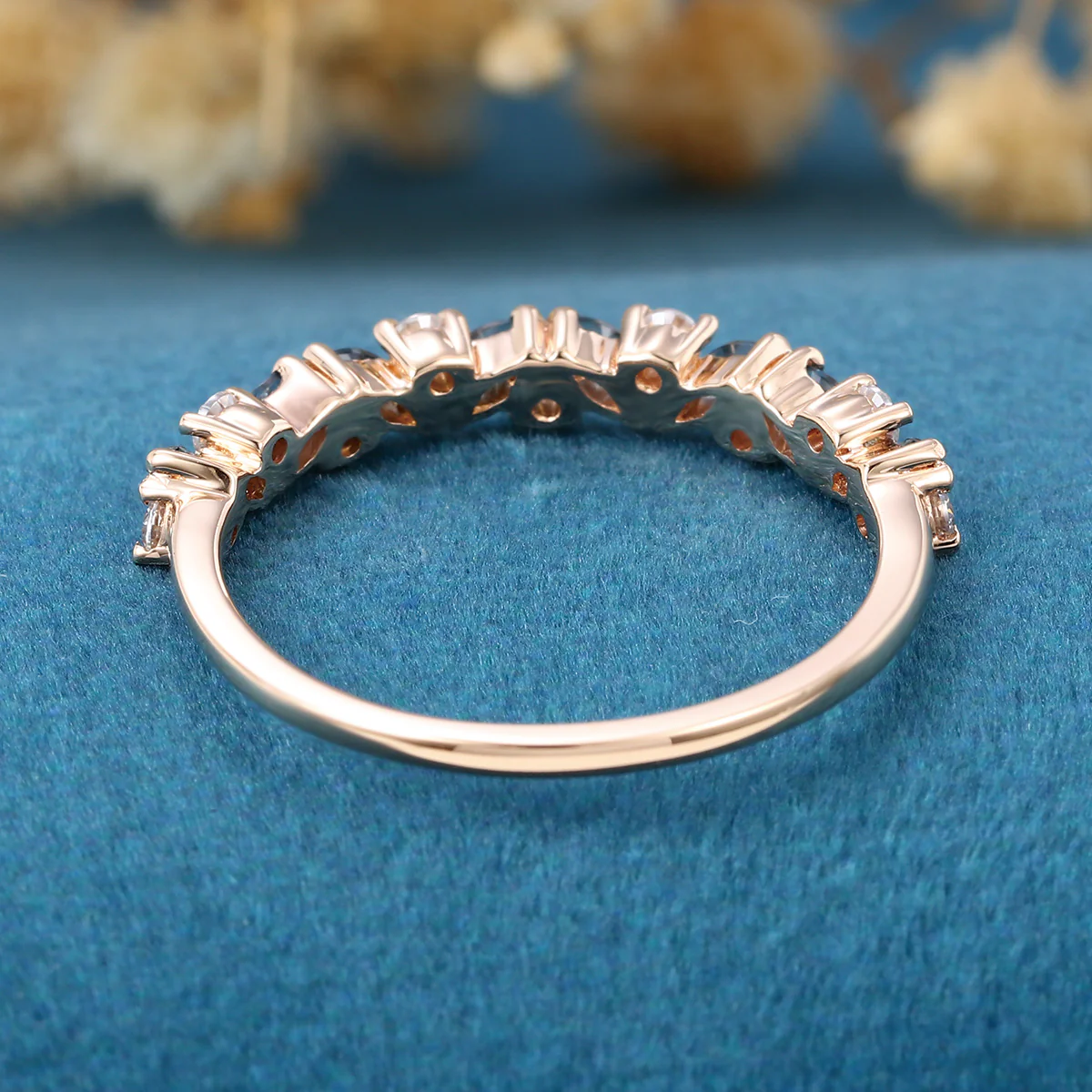 Marquise London Blue Topaz Matching Moissanite | Diamond Half Eternity Wedding Band - Image 6