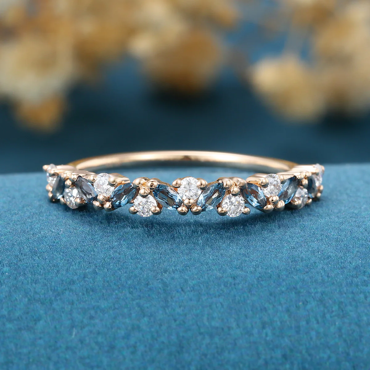Marquise London Blue Topaz Matching Moissanite | Diamond Half Eternity Wedding Band - Image 7