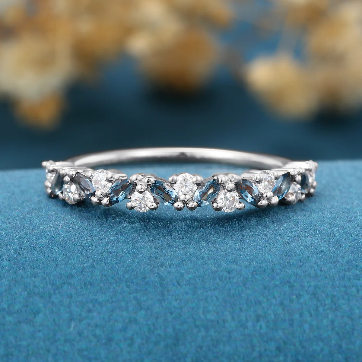 Marquise London Blue Topaz Matching Moissanite | Diamond Half Eternity Wedding Band - Image 8