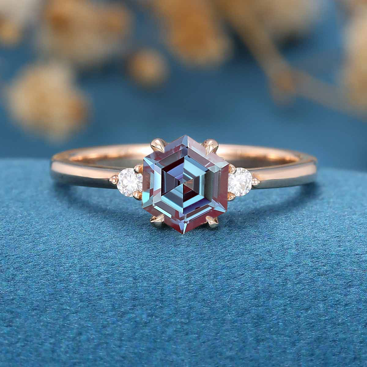 Hexagon cut Lab Alexandrite | Diamond Engagement ring - Image 3