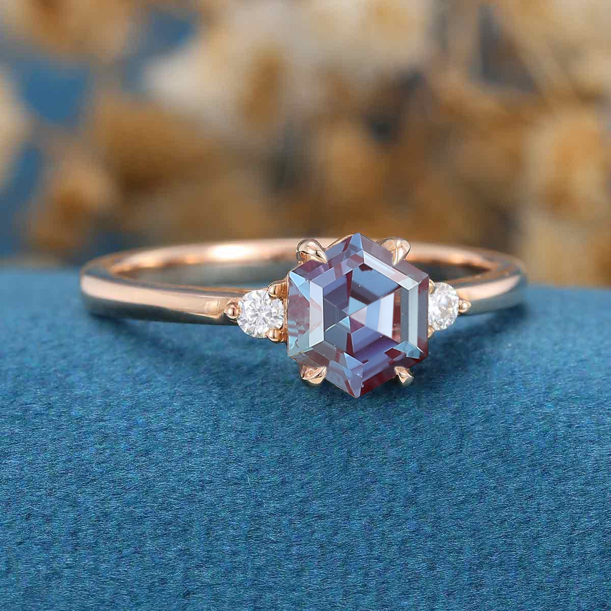 Hexagon cut Lab Alexandrite | Diamond Engagement ring - Image 4