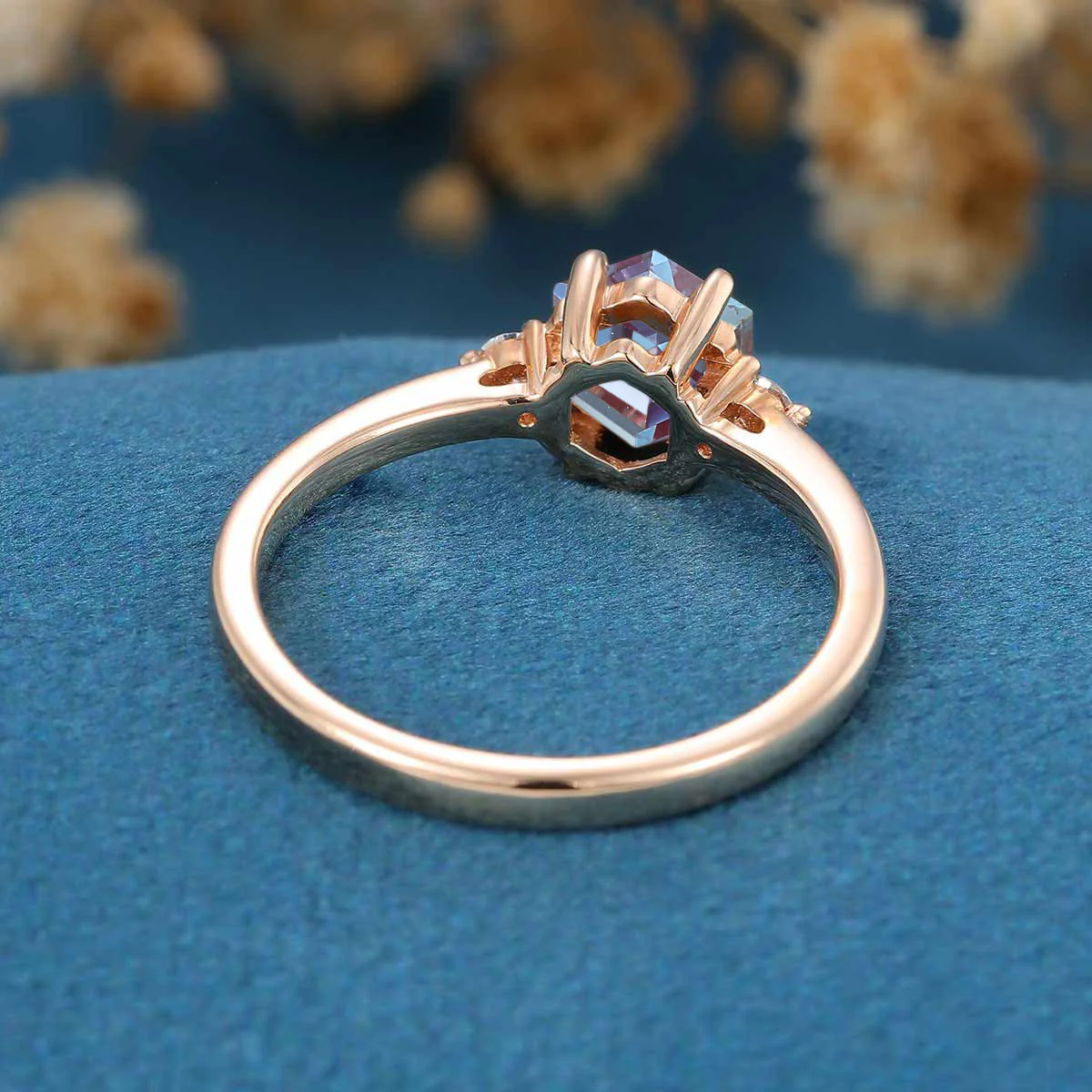 Hexagon cut Lab Alexandrite | Diamond Engagement ring - Image 6