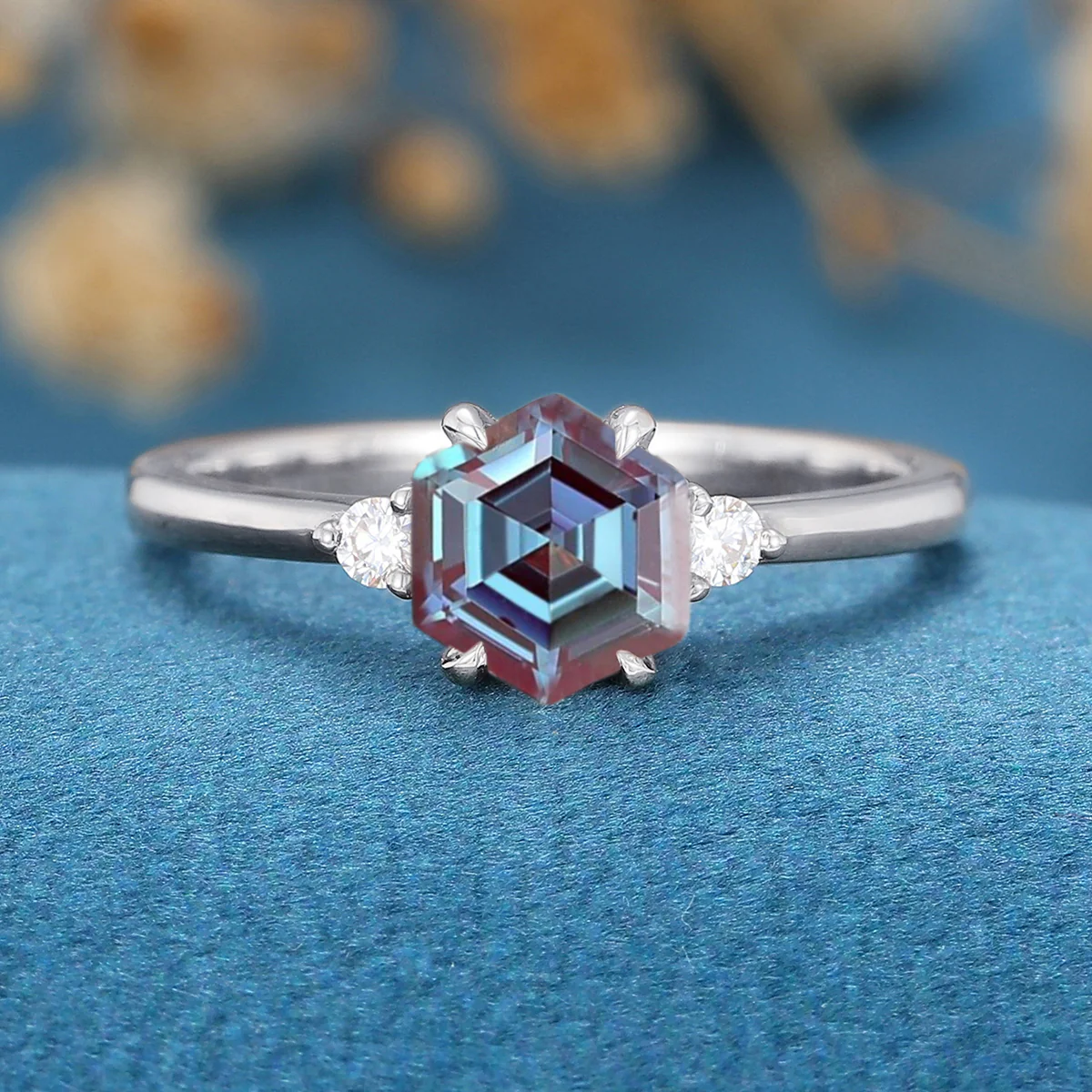 Hexagon cut Lab Alexandrite | Diamond Engagement ring - Image 8