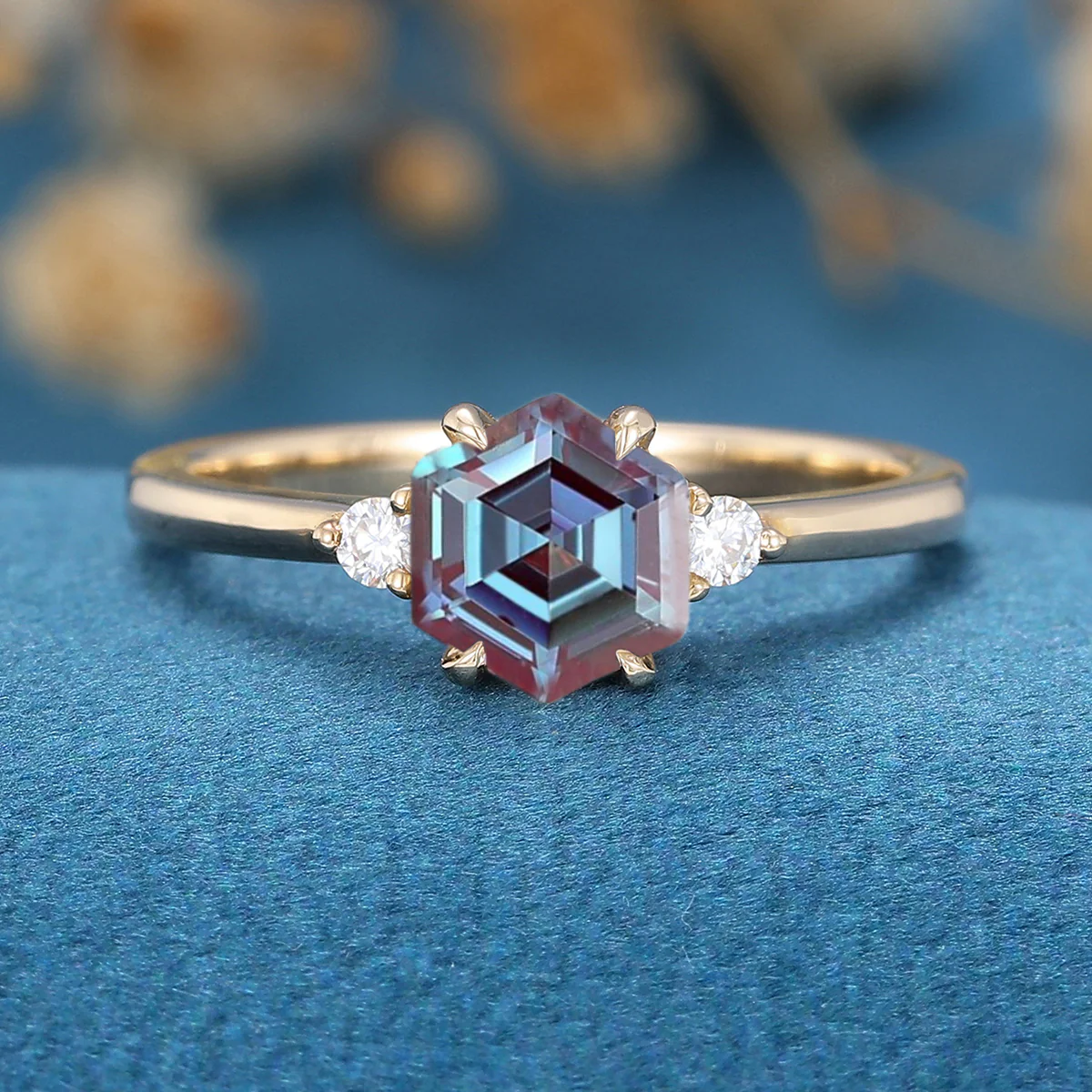 Hexagon cut Lab Alexandrite | Diamond Engagement ring - Image 9