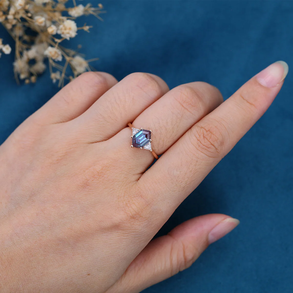 Hexagon cut Lab Alexandrite Solid Gold Engagement Ring - Image 2