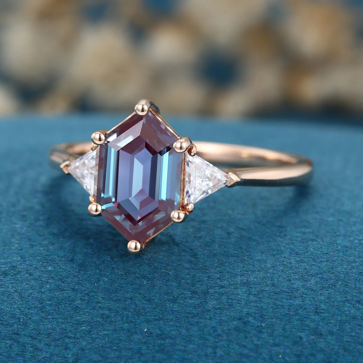 Hexagon cut Lab Alexandrite Solid Gold Engagement Ring - Image 3