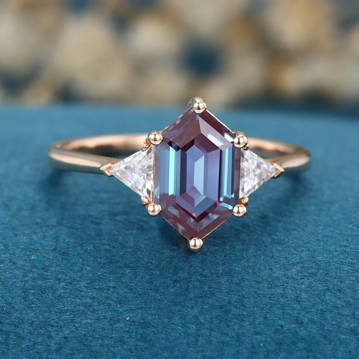 Hexagon cut Lab Alexandrite Solid Gold Engagement Ring - Image 4