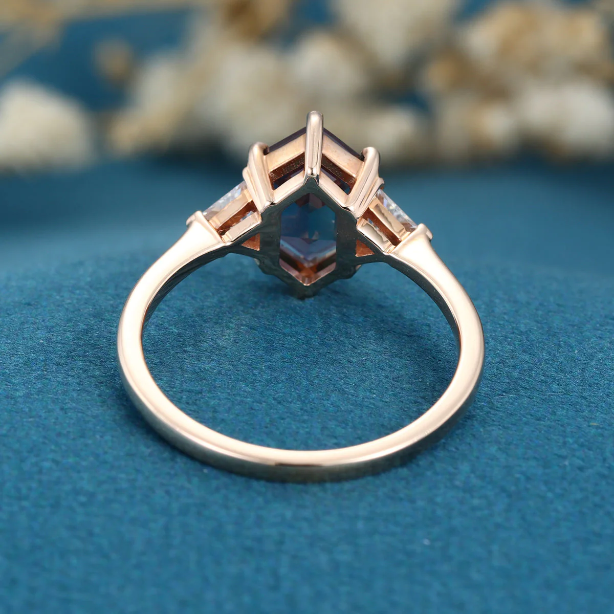 Hexagon cut Lab Alexandrite Solid Gold Engagement Ring - Image 5