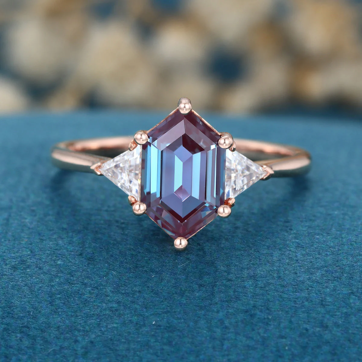 Hexagon cut Lab Alexandrite Solid Gold Engagement Ring - Image 7