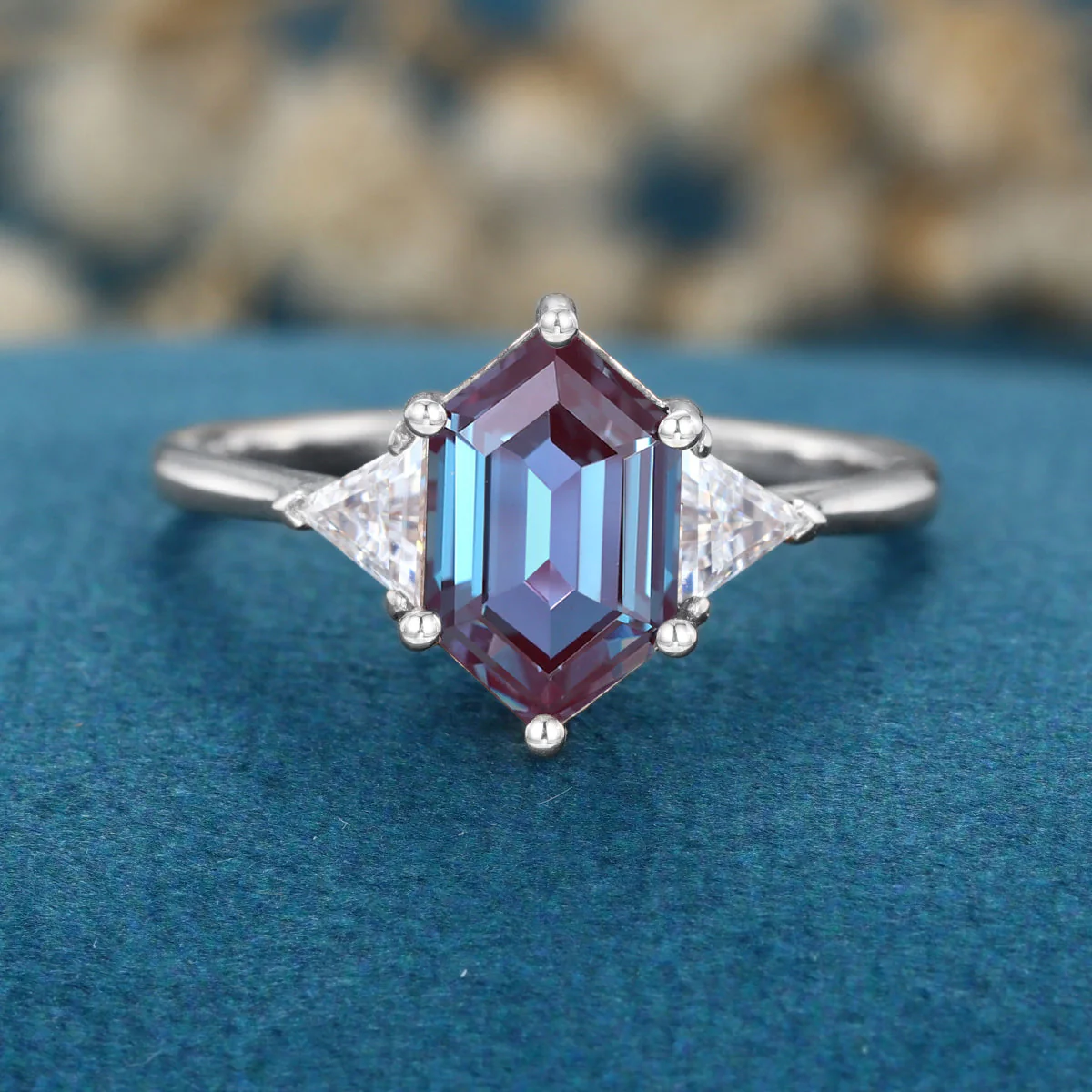 Hexagon cut Lab Alexandrite Solid Gold Engagement Ring - Image 8