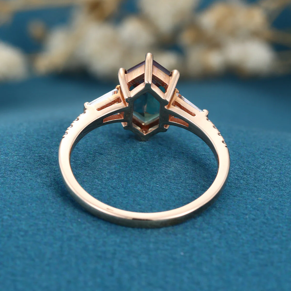 Hexagon cut Lab Alexandrite Solid Gold Engagement Ring - Image 5